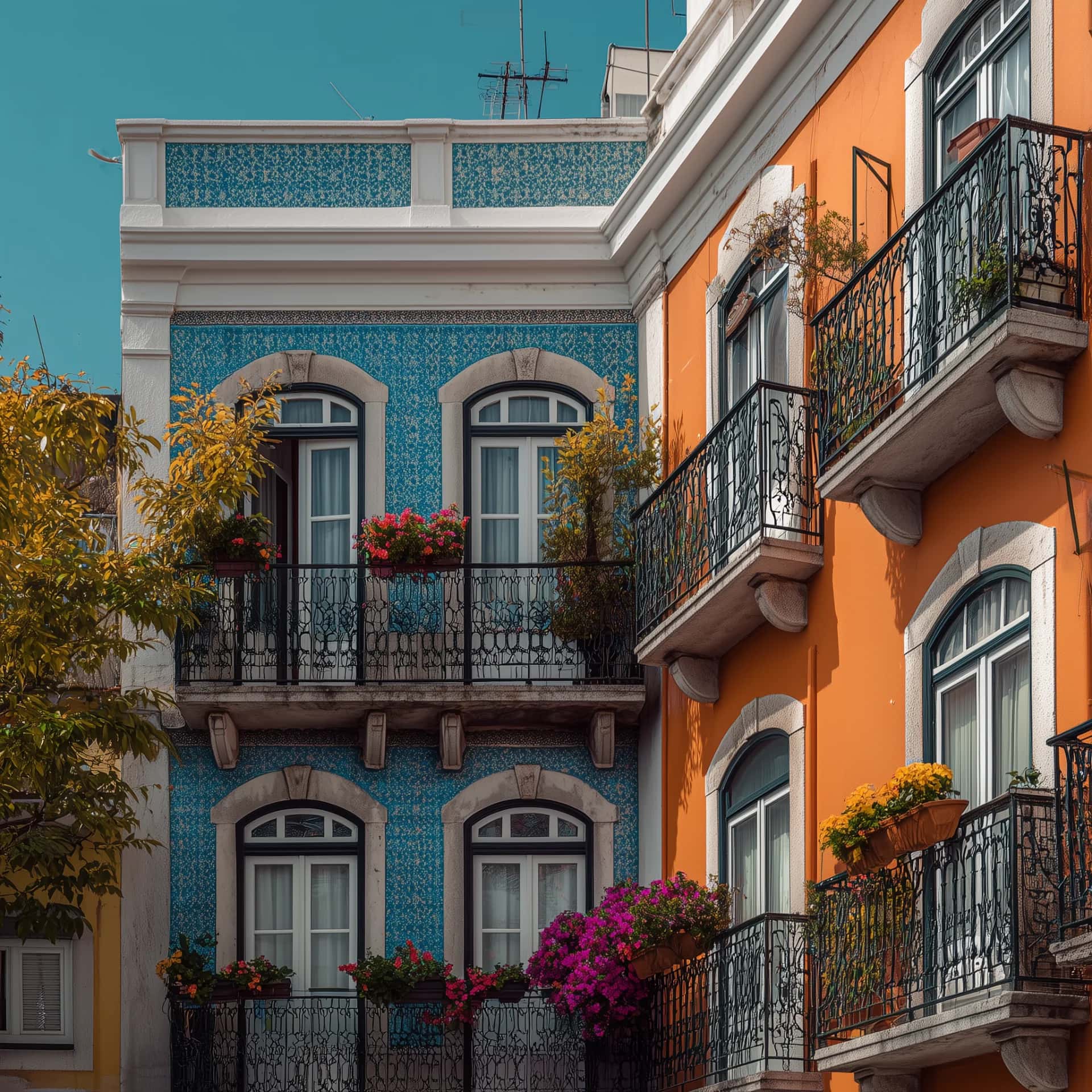 Arquitetura portuguesa com azulejos e varandas