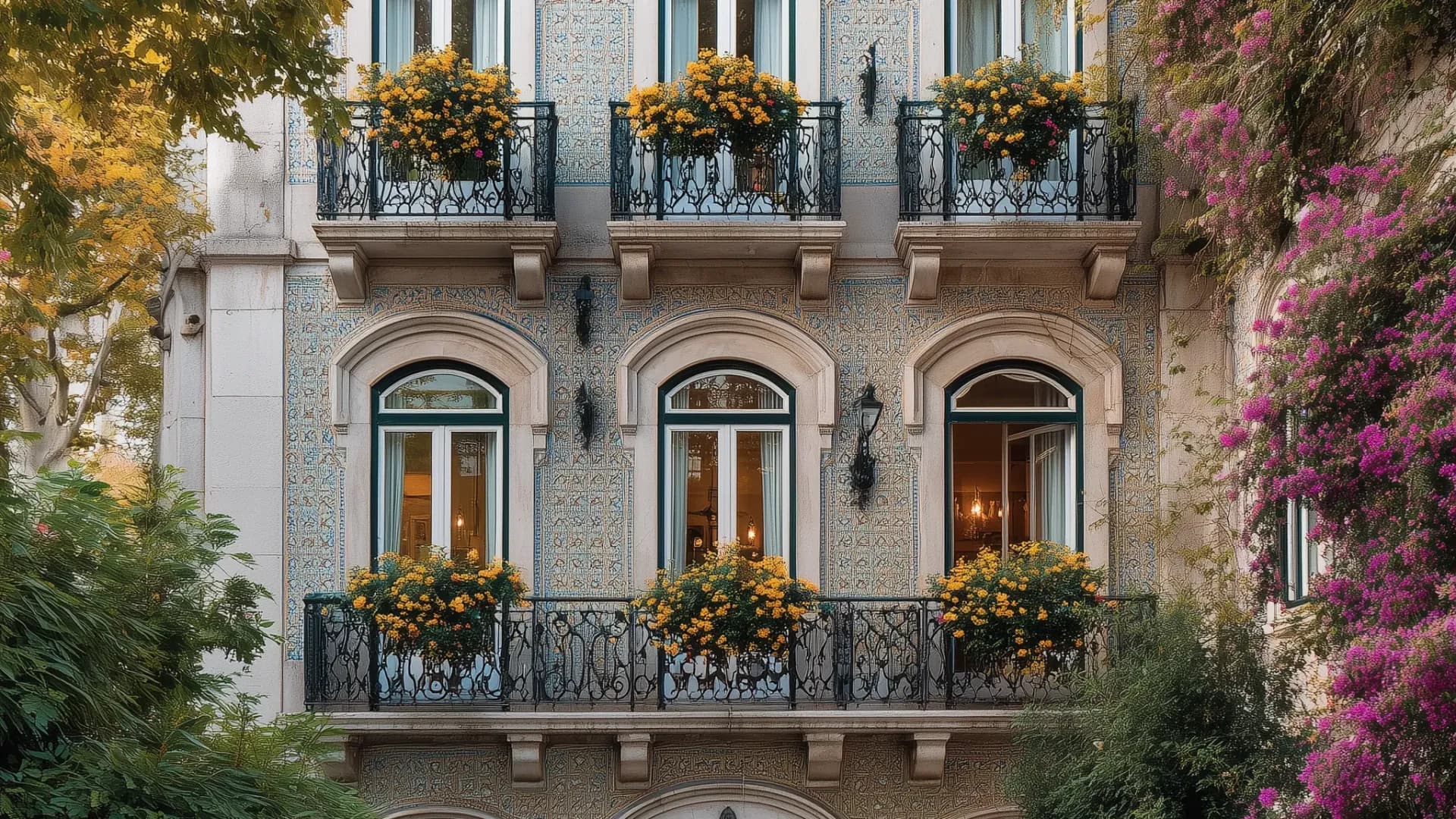 Edifício de arquitetura portuguesa com varandas de ferro